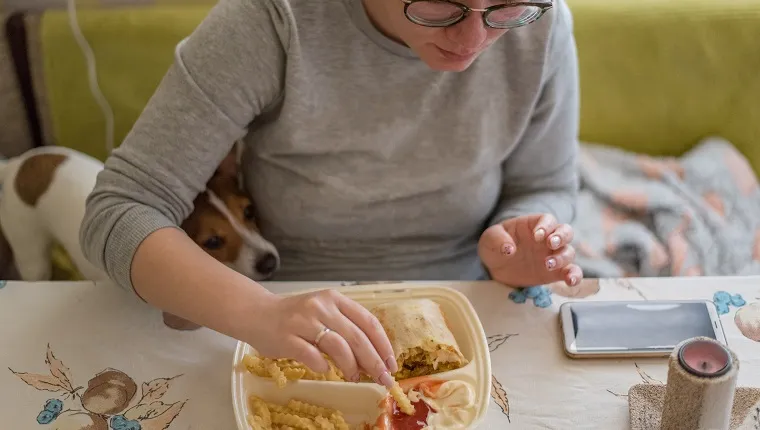 Young woman with eyeglasses is eating fast food at home