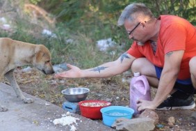 Michael feeding a dog in Thailand