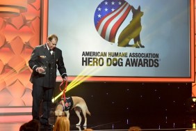 BEVERLY HILLS, CA - SEPTEMBER 19: Glory; Arson Dog Category Winner, and Keith Lynn onstage at the American Humane Association's 5th Annual Hero Dog Awards 2015 at The Beverly Hilton Hotel on September 19, 2015 in Beverly Hills, California.