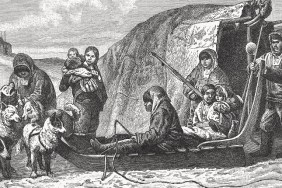 Indigenous camp with dogs. Wood engraving after a photograph, published in 1897.