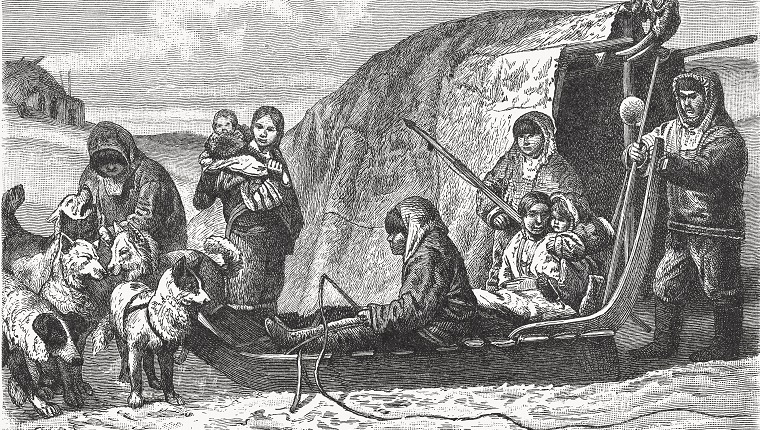 Indigenous camp with dogs. Wood engraving after a photograph, published in 1897.