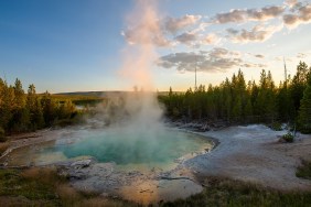 Sunset at a hotspring in Norris area, Yellowstone National Park, Wyoming.