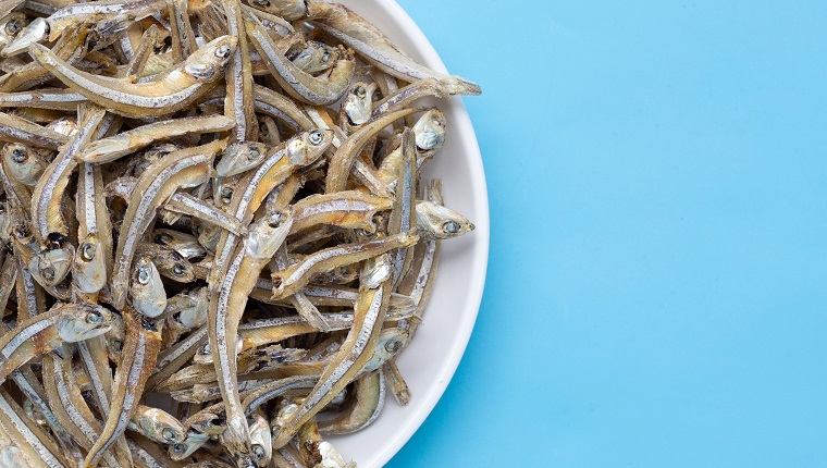 Dried anchovy in white on blue background