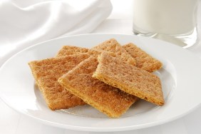 A plate of graham crackers sprinkled with cinnamon and a glass of milk