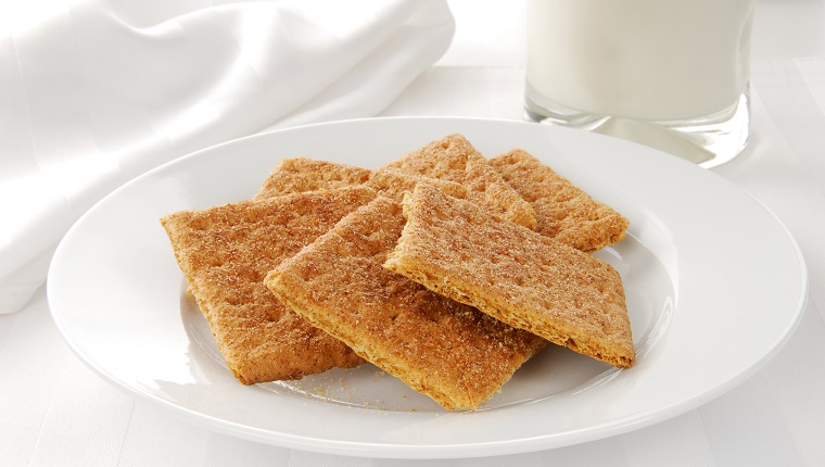 A plate of graham crackers sprinkled with cinnamon and a glass of milk