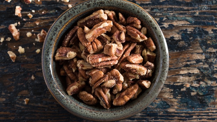 High Angle View Of Pecans In Bowl On Table
