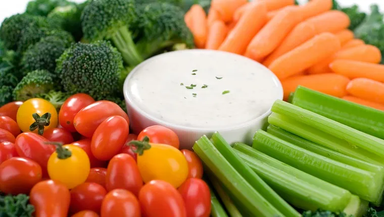 Delicious fresh vegetables and a Ranch flavored dip.  Shallow dof.