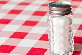 Salt Shaker on the right side of a Red Checkered Tablecloth leaving ample copy space.