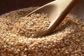 Wooden bowl of sesame seeds