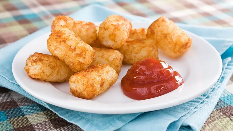 Deep-fried tater tots served with catsup.
