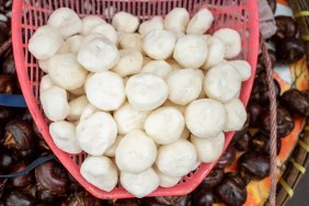 water chestnuts selling in vendor's carrying basket