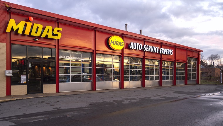 Yorkville, New York - Nov 24, 2019: Midas, Inc. is a US chain of automotive service centers headquartered in Palm Beach Gardens, Florida. In its North American main and home market, Midas is a company-owned or franchised in 17 other countries