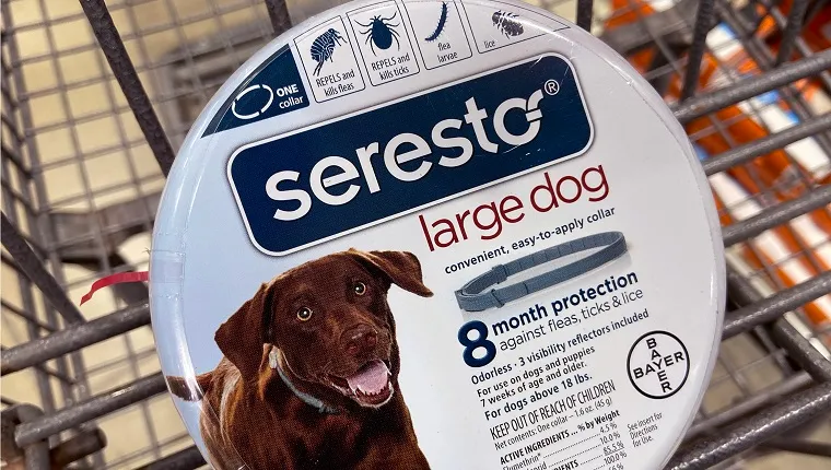 CHICAGO, ILLINOIS - MARCH 03: In this photo illustration, Seresto pet collars are offered for sale at a retail store on March 03, 2021 in Chicago, Illinois. According to U.S. Environmental Protection Agency documents, the flea and tick collars have been linked to hundreds of pet deaths and tens of thousands of pet injuries. 