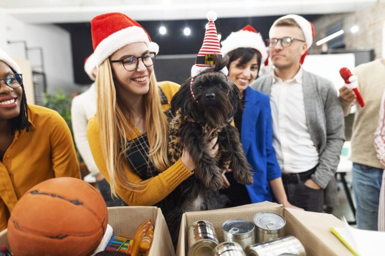 Group of young colleagues celebrating Christmas at work with a dog and collecting donations for shelter dogs.