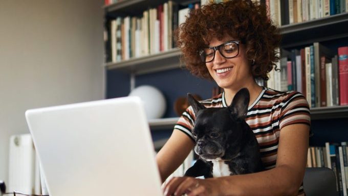 woman working from home with french bulldog
