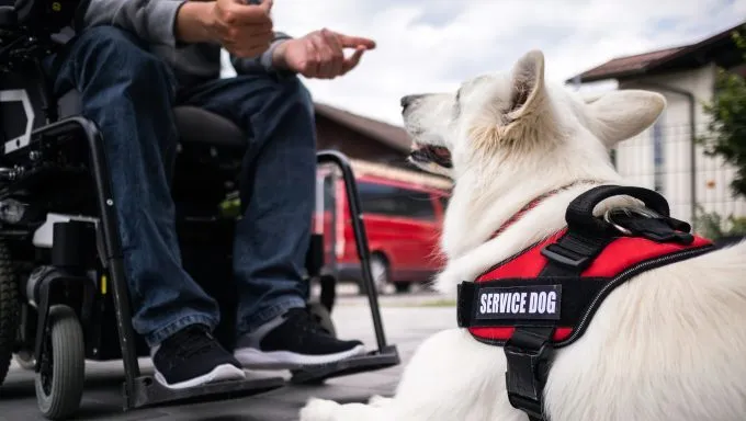 man in wheelchair with emotional support dogs