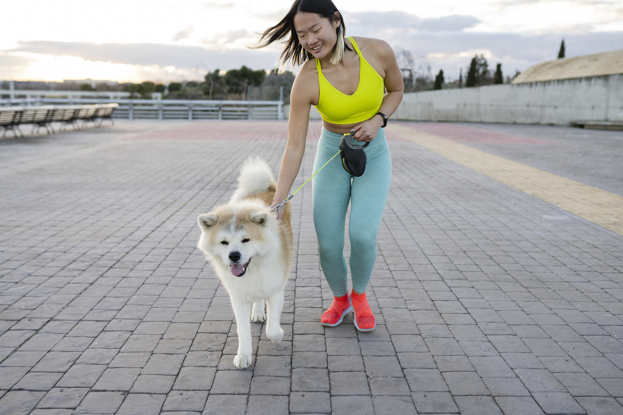 woman walking with dog safety tips for dog walking