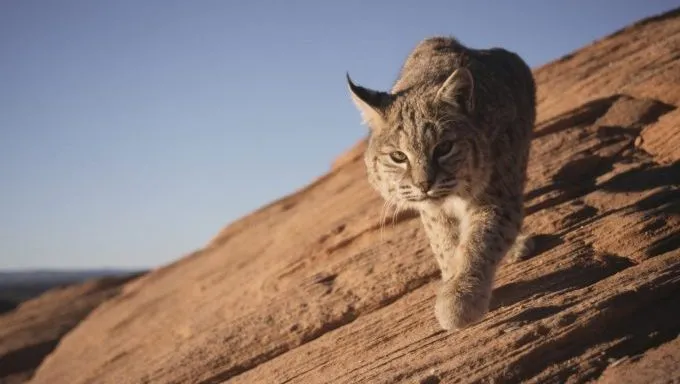 A Bobcat approaches the camera.