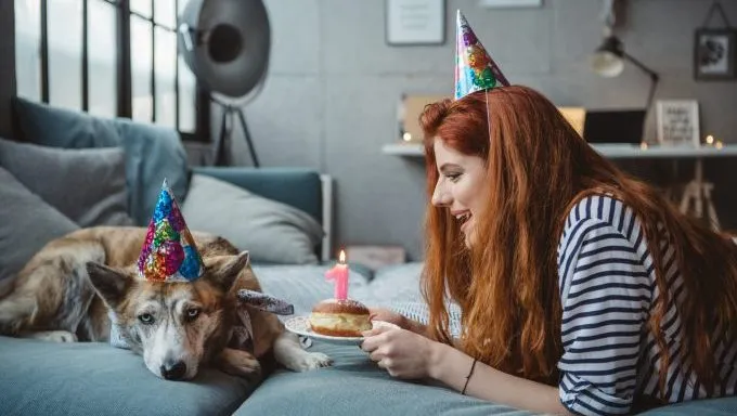 woman throwing birthday party for unamused dog codependent with dog