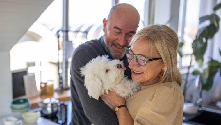 retired couple kissing dog dog spoiled by grandparents
