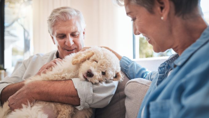 retired couple cuddles with dog spoiled by grandparents