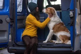 woman transporting dog in van as an animal rescue transporter