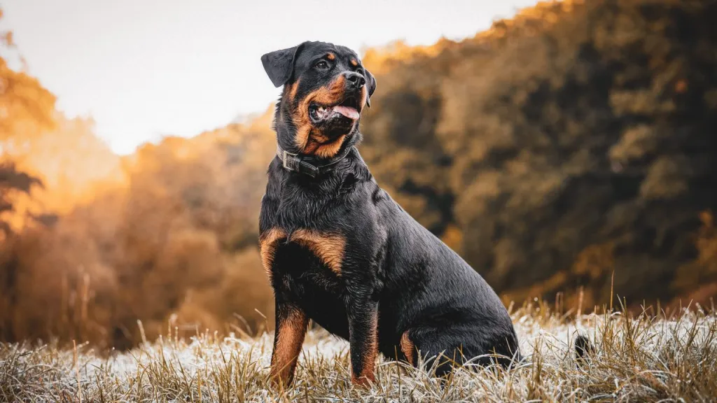 The Rottweiler looking majestic in a grassy area in autumn. 