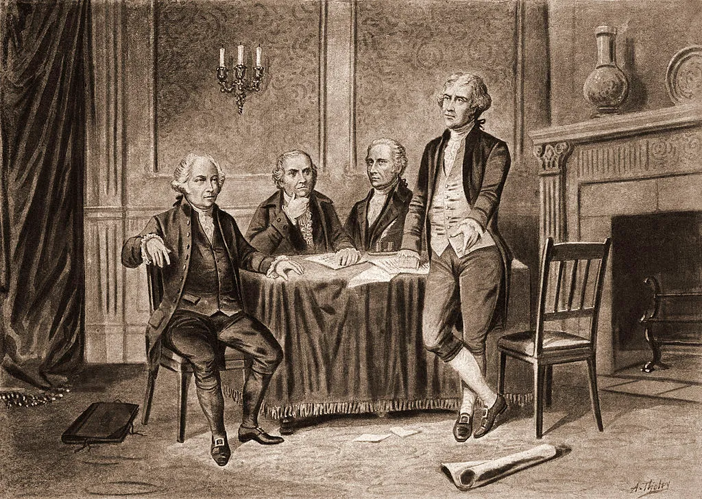 Illustration of four of the United States Foundign Fathers, from left, John Adams (1735 - 1826), Robert Morris (1734 - 1806), Alexander Hamilton (1757 - 1804), and Thomas Jefferson (1743 - 1826), 1774. 
