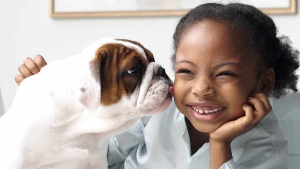 dog giving little girl kiss on the cheek benefits of dog ownership for kids