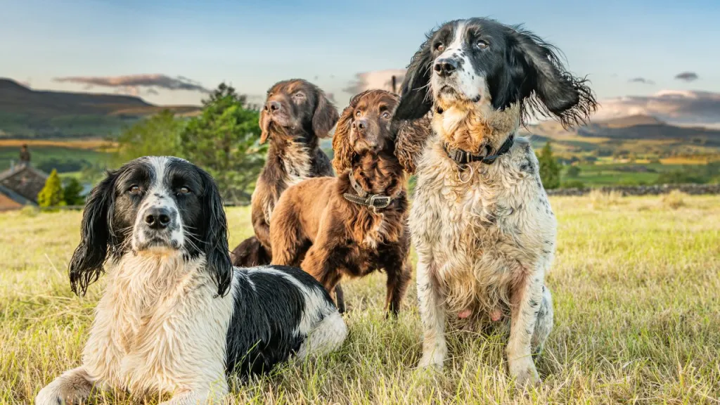 A group of one of the most popular medium dog breeds, spaniels, sit in a field.