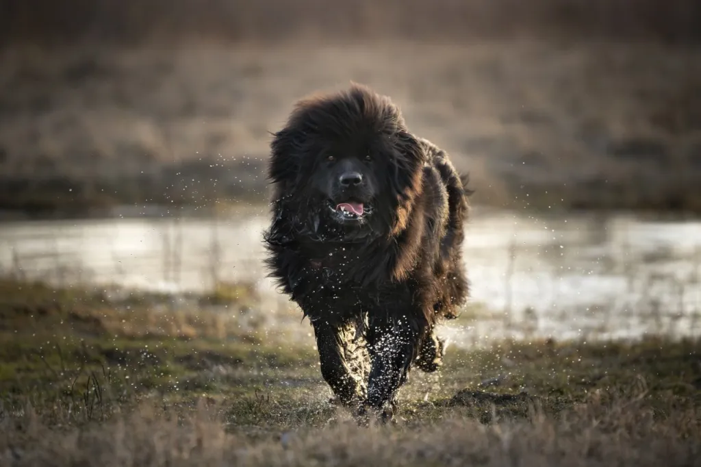 Newfoundland runs out of a puddle