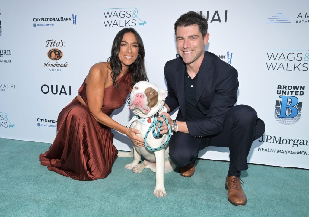 Wags And Walks 11th Annual Gala. (L-R) Wags And Walks CEO Leslie Brog and actor Max Greenfield attend Wags And Walks' 11th annual gala at Taglyan Complex on October 01, 2022 in Los Angeles, California.