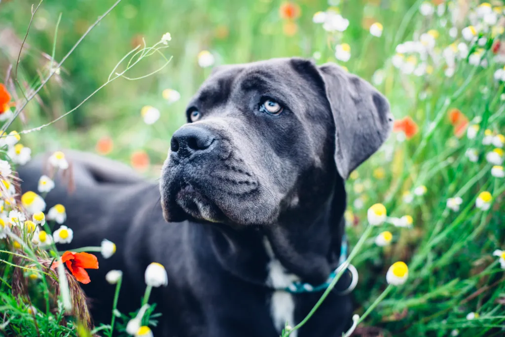 A sweet Cane Corso, a dog breed who often works as a therapy dog, standing in a field of flowers.