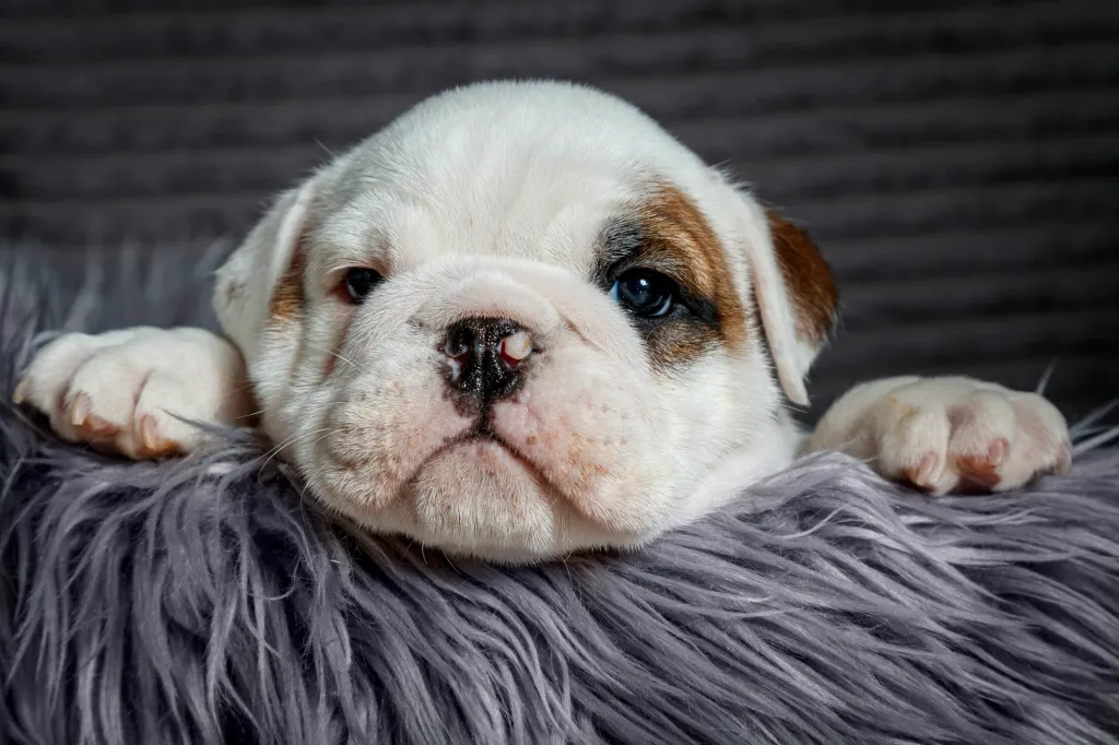 English Bulldog puppy lying on rug