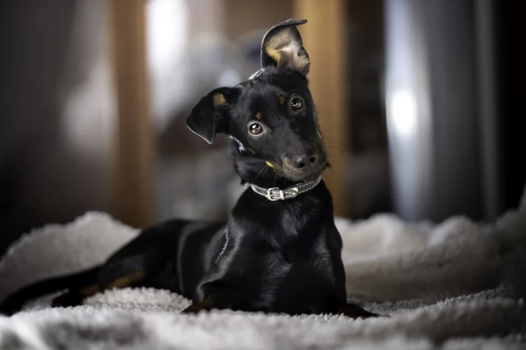 A few-month-old pinscher puppy lies on the bed and looks curiously into the camera.