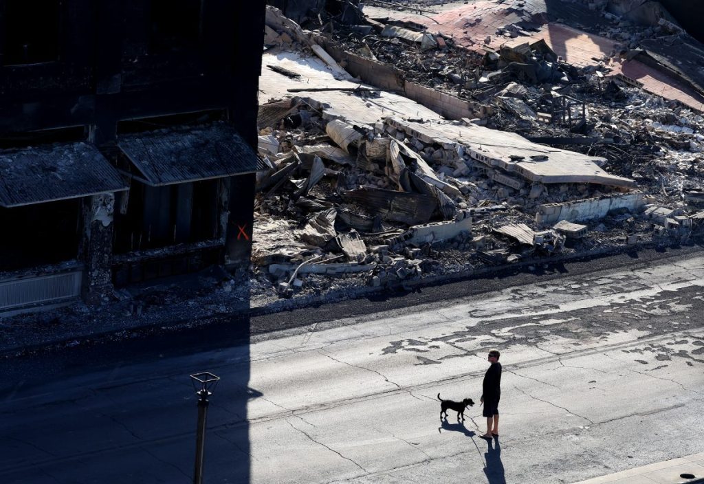LAHAINA, HAWAII - AUGUST 11: In an aerial view, a man stands with his dog as he looks at businesses that were destroyed by the Maui wildfire on August 11, 2023 in Lahaina, Hawaii.