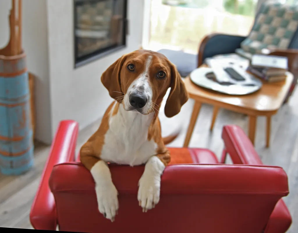 Drever dog sitting on a red leather chair.