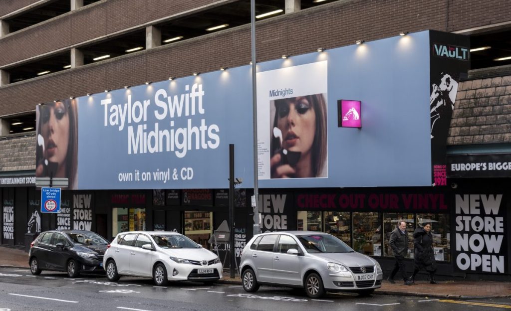 Taylor Swift album 'Midnights' outside the HMV The Vault record shop