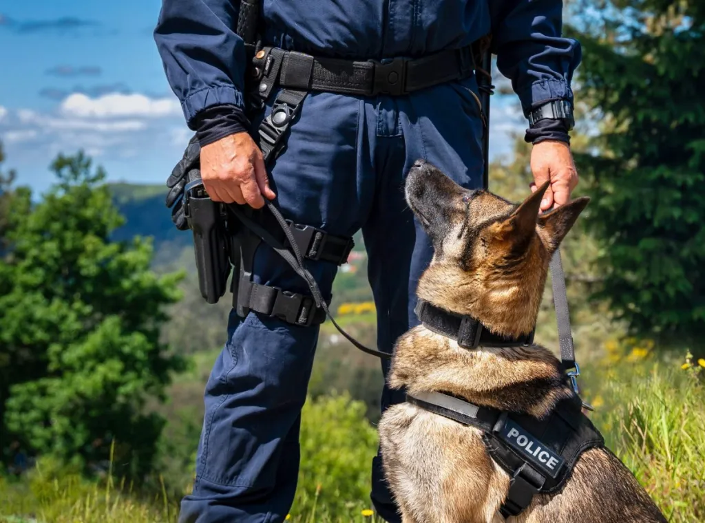 German Shepherd police dog looking up at male officer