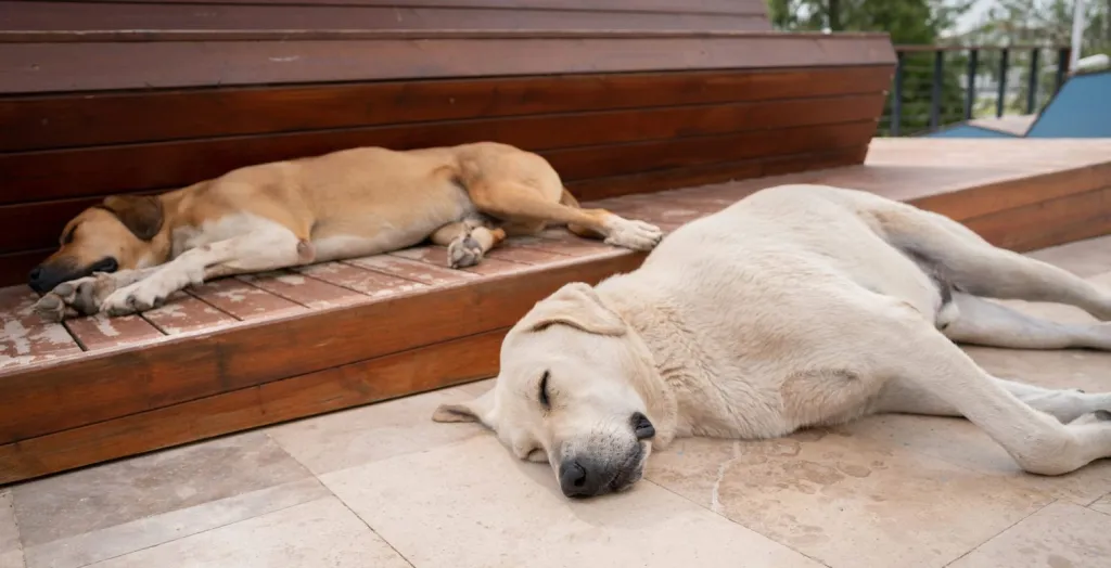 dogs sleeping on sidewalk