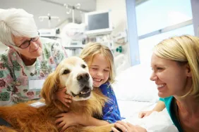 girl in hospital bed hugging therapy dog