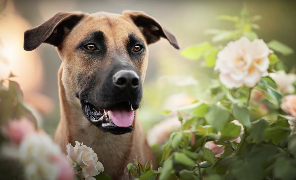 Black mouth cur in flowers