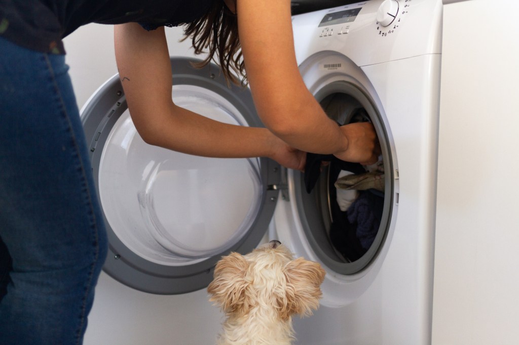 Woman using washer to clean laundry alongside her dog. Why it is important to remove dog hair or fur before using the washer.