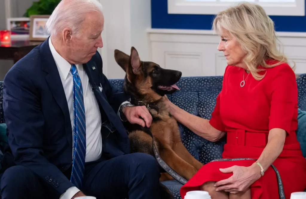 President Joe Biden and First Lady Jill Biden with German Shepherd dog Commander