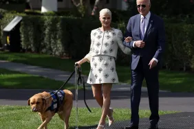 Selma Blair walking with her service dog next to President Joe Biden at White House