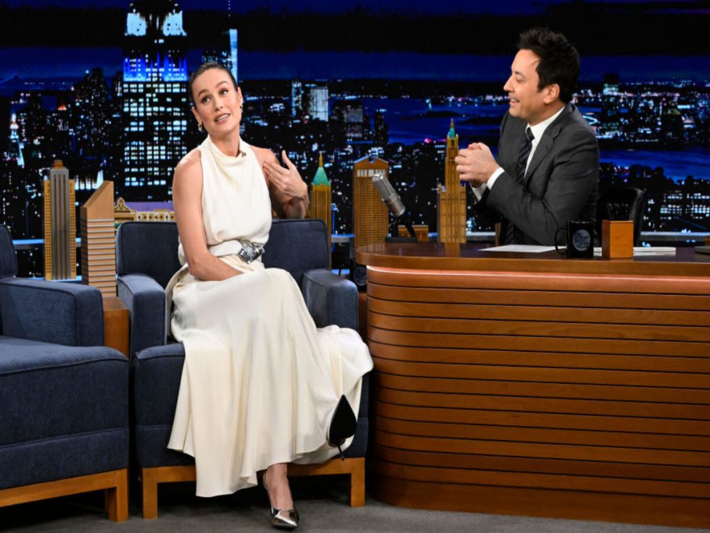 THE TONIGHT SHOW STARRING JIMMY FALLON -- Episode 1873 -- Pictured: (l-r) Actress Brie Larson during an interview with host Jimmy Fallon on Friday, November 10, 2023