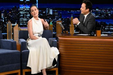 THE TONIGHT SHOW STARRING JIMMY FALLON -- Episode 1873 -- Pictured: (l-r) Actress Brie Larson during an interview with host Jimmy Fallon on Friday, November 10, 2023