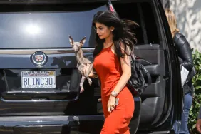 Kylie Jenner with her Italian Greyhound in front of a car, without her new dog nanny.