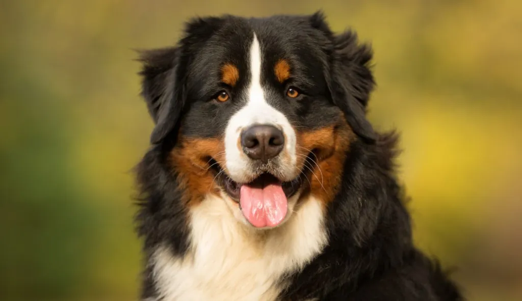 Closeup of a purebred adult Bernese Mountain dog outdoors in nature on a sunny day during early summer.
