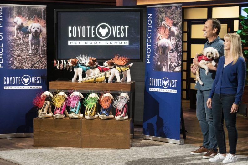 Paul and Pamela Mott on ABC's "Shark Tank,” Season 10 introducing their product — coyote vest for dogs.